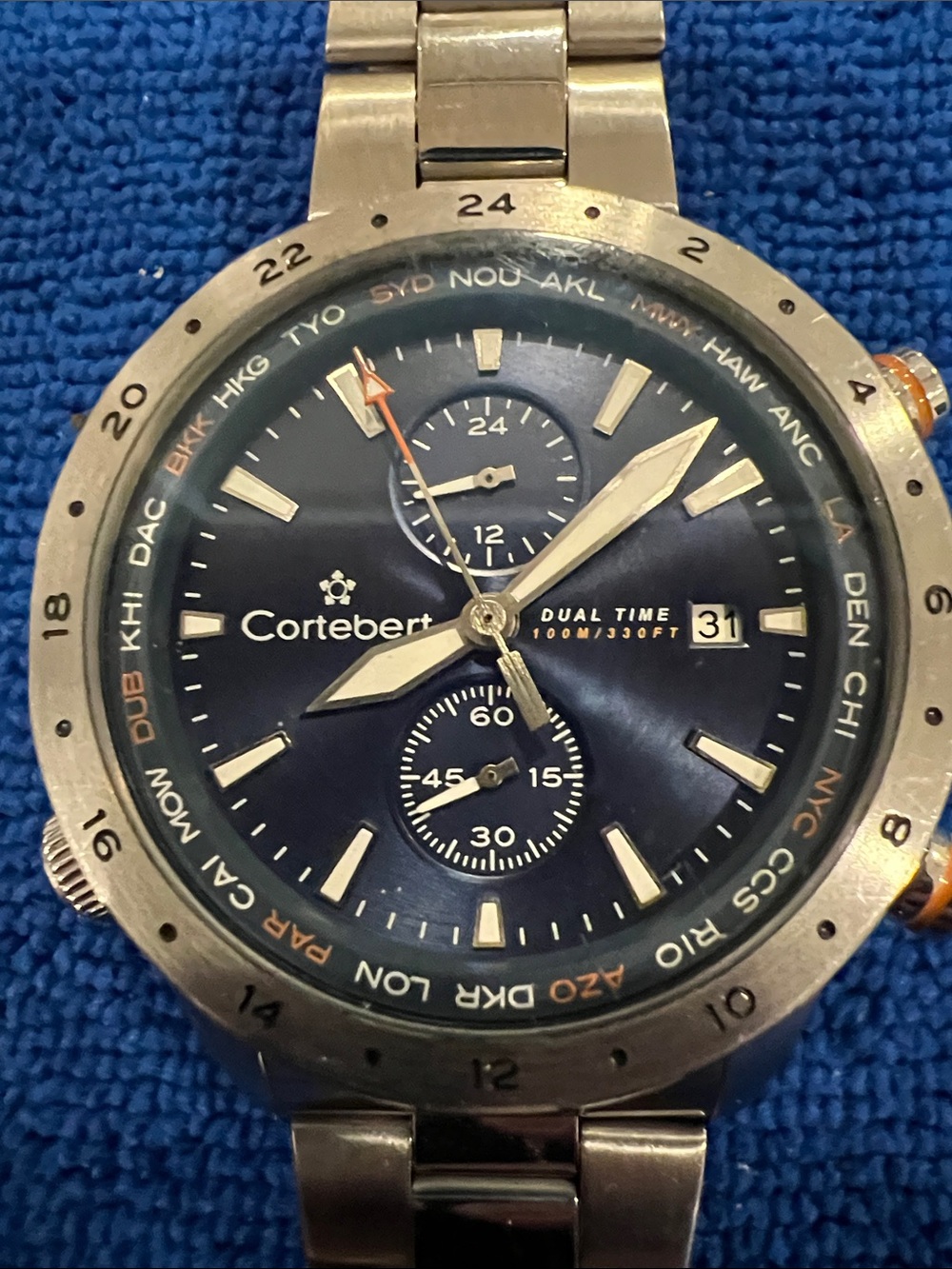 Cortebert Dual Time Blue Dial Stainless Steel Watch
